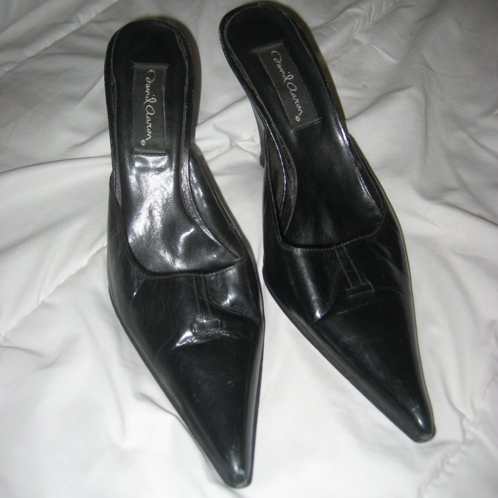 DAVID AARON LEATHER WEDGES BLACK SLIDES SZ 9